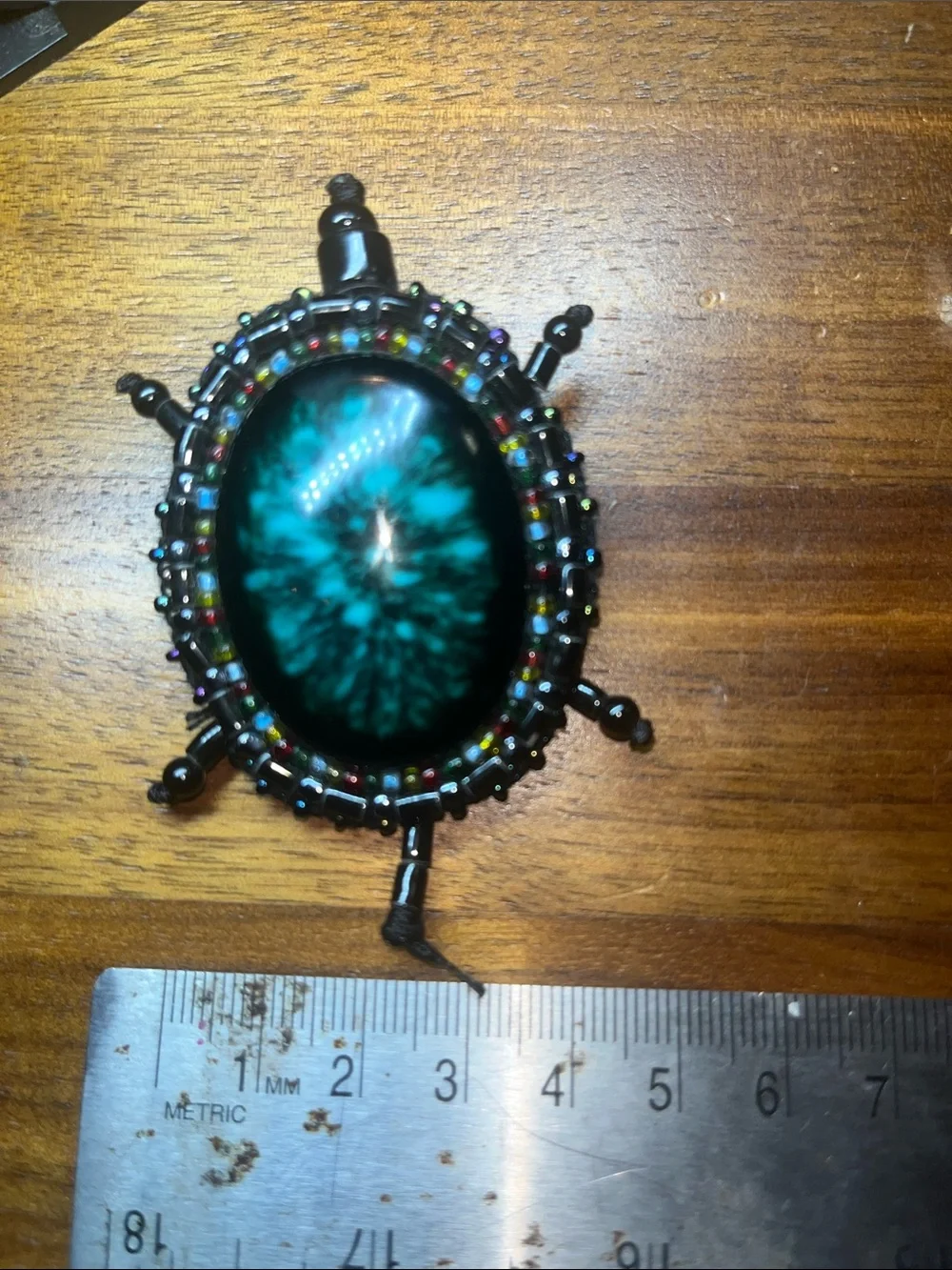 Handmade Teal Cabochon Turtle Beaded Brooch with Rainbow & Black Accents NEW